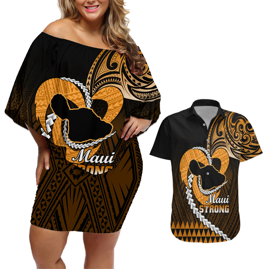 Personalised Hawaii Couples Matching Off Shoulder Short Dress and Hawaiian Shirt Maui Be Strong Kakau Gold Version - Wonder Print Shop