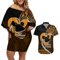 Personalised Hawaii Couples Matching Off Shoulder Short Dress and Hawaiian Shirt Maui Be Strong Kakau Gold Version - Wonder Print Shop