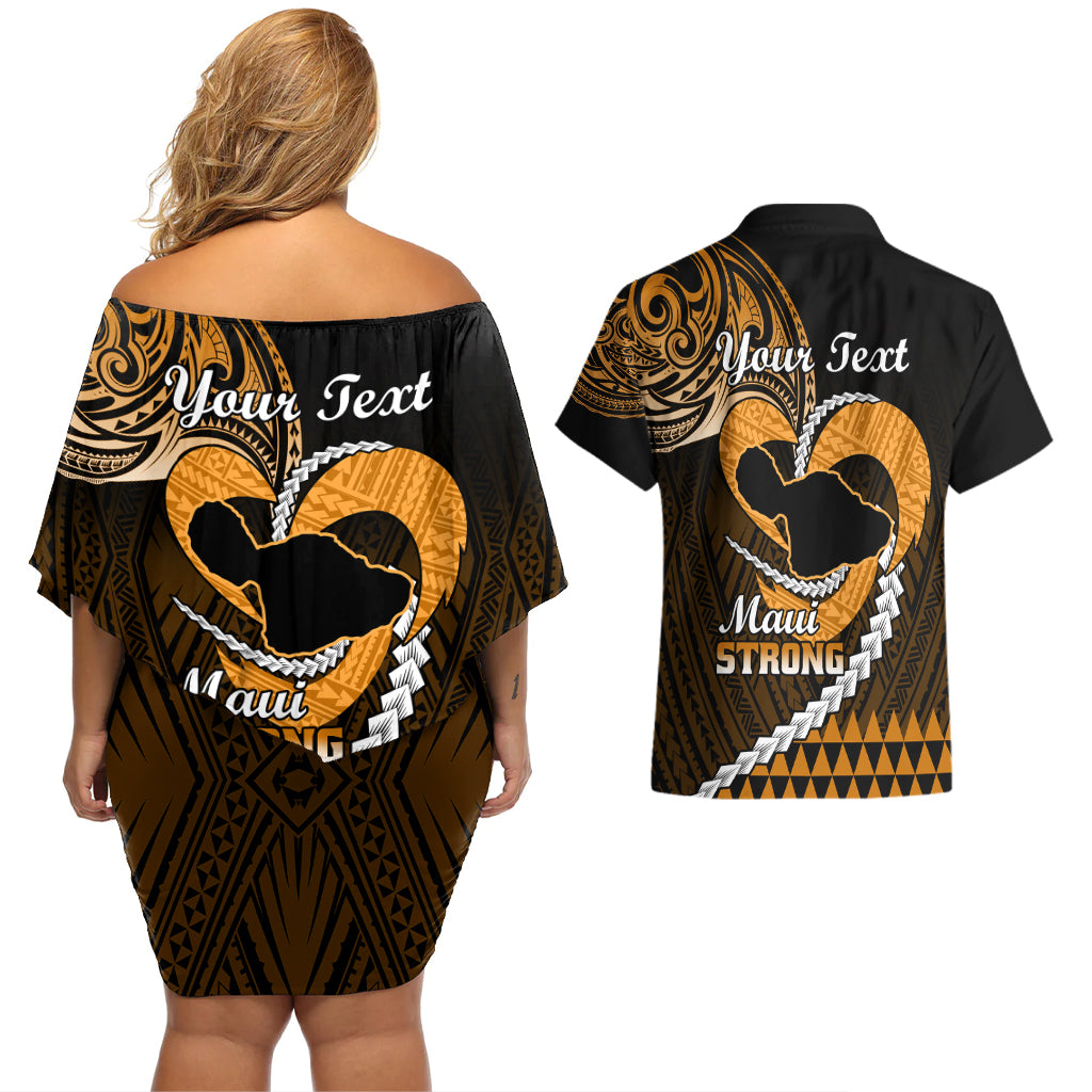 Personalised Hawaii Couples Matching Off Shoulder Short Dress and Hawaiian Shirt Maui Be Strong Kakau Gold Version - Wonder Print Shop