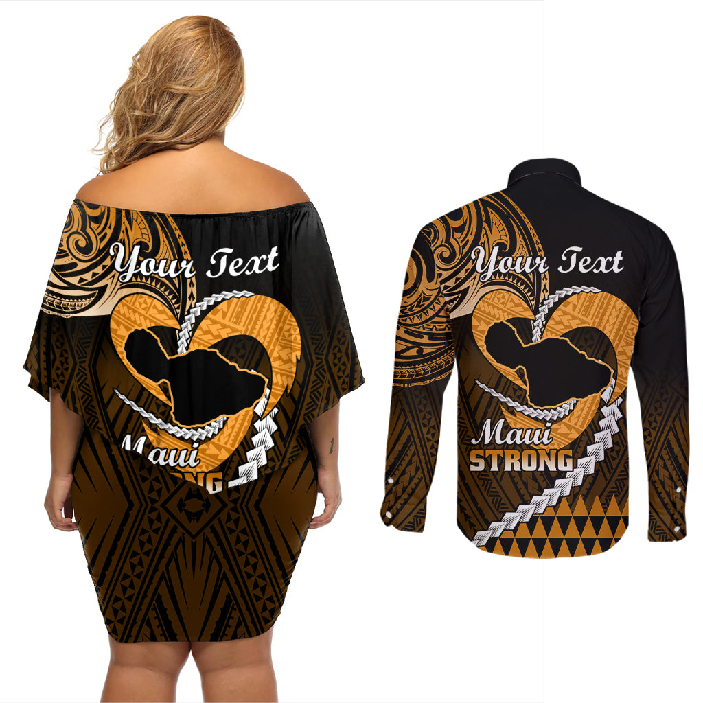 Personalised Hawaii Couples Matching Off Shoulder Short Dress and Long Sleeve Button Shirts Maui Be Strong Kakau Gold Version - Wonder Print Shop