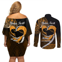 Personalised Hawaii Couples Matching Off Shoulder Short Dress and Long Sleeve Button Shirts Maui Be Strong Kakau Gold Version - Wonder Print Shop
