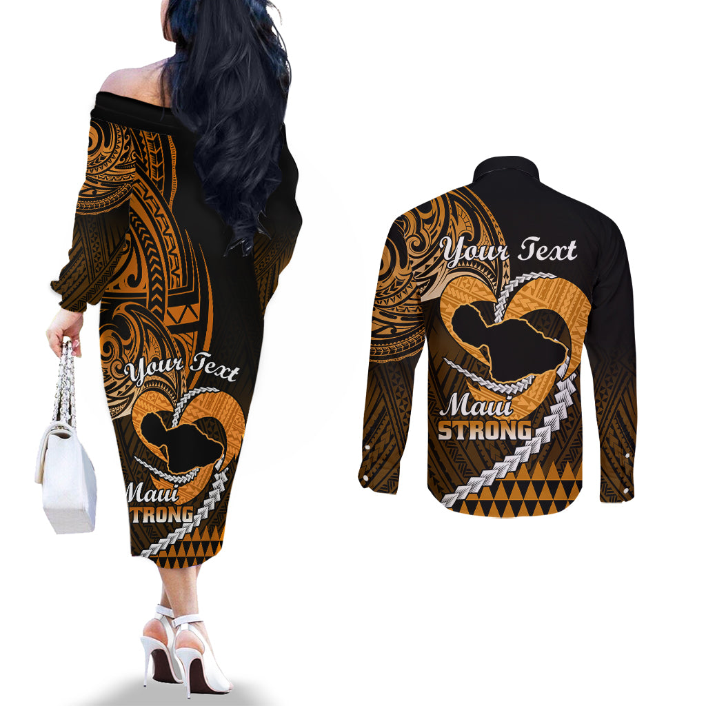 personalised-hawaii-couples-matching-off-the-shoulder-long-sleeve-dress-and-long-sleeve-button-shirts-maui-be-strong-kakau-gold-version