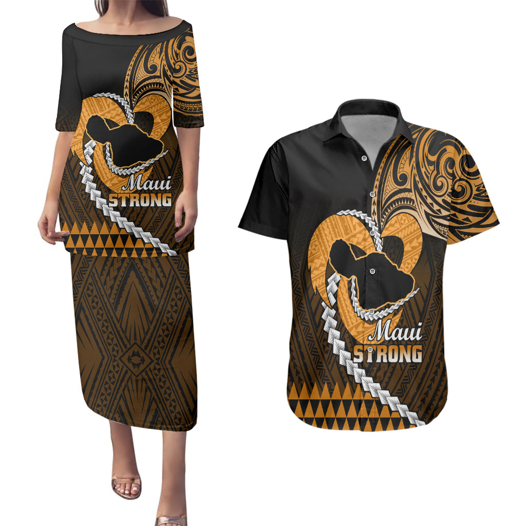 Personalised Hawaii Couples Matching Puletasi Dress and Hawaiian Shirt Maui Be Strong Kakau Gold Version - Wonder Print Shop