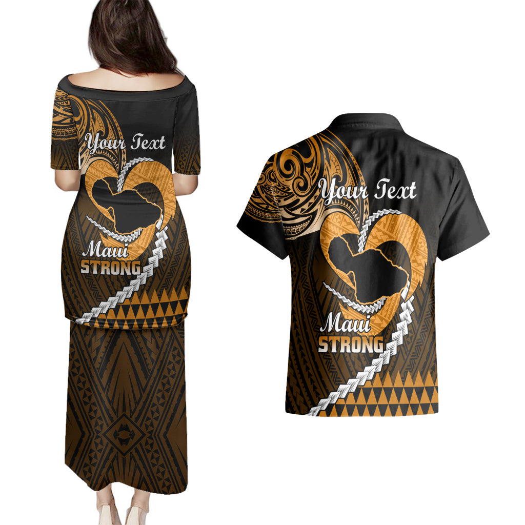 Personalised Hawaii Couples Matching Puletasi Dress and Hawaiian Shirt Maui Be Strong Kakau Gold Version - Wonder Print Shop