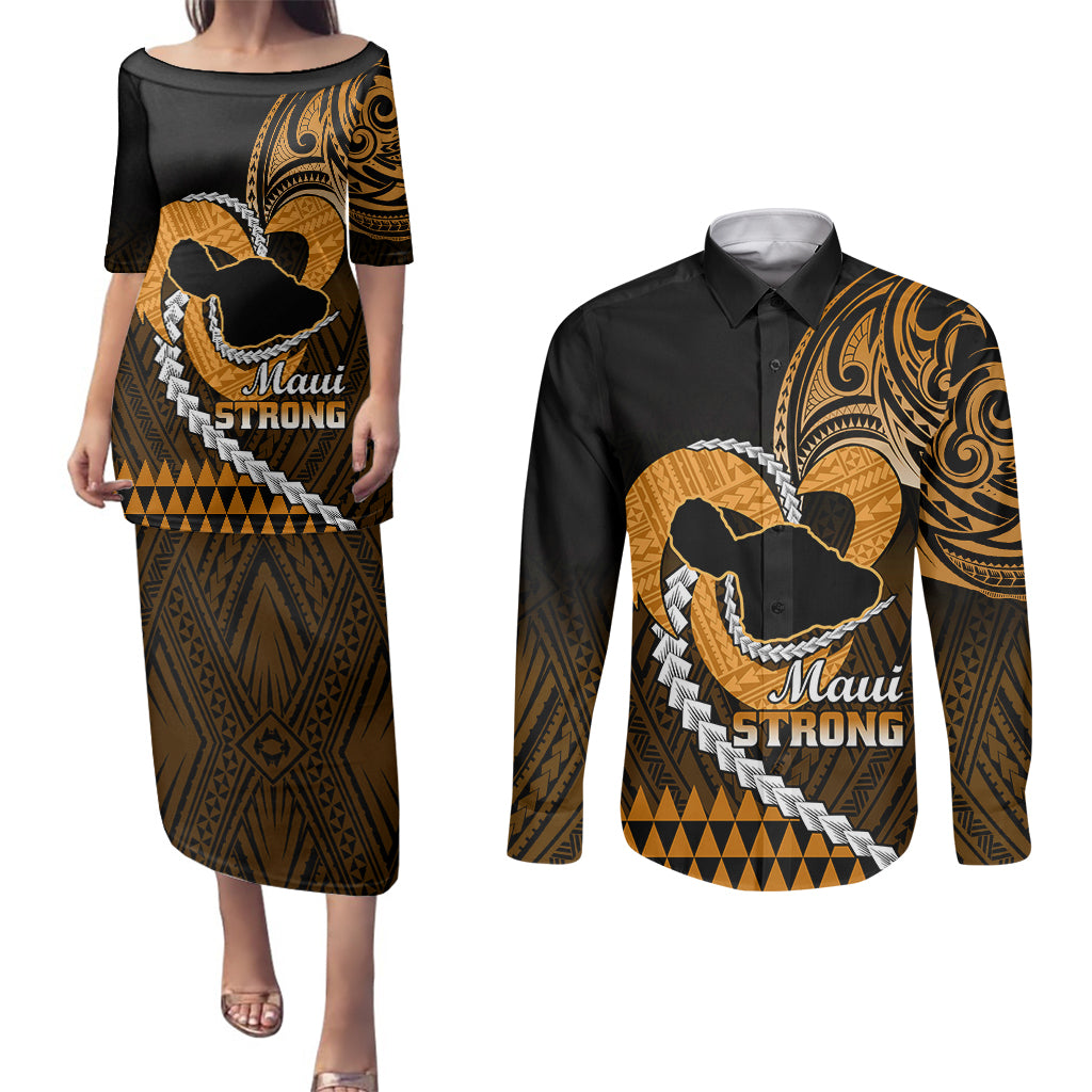 Personalised Hawaii Couples Matching Puletasi Dress and Long Sleeve Button Shirts Maui Be Strong Kakau Gold Version - Wonder Print Shop