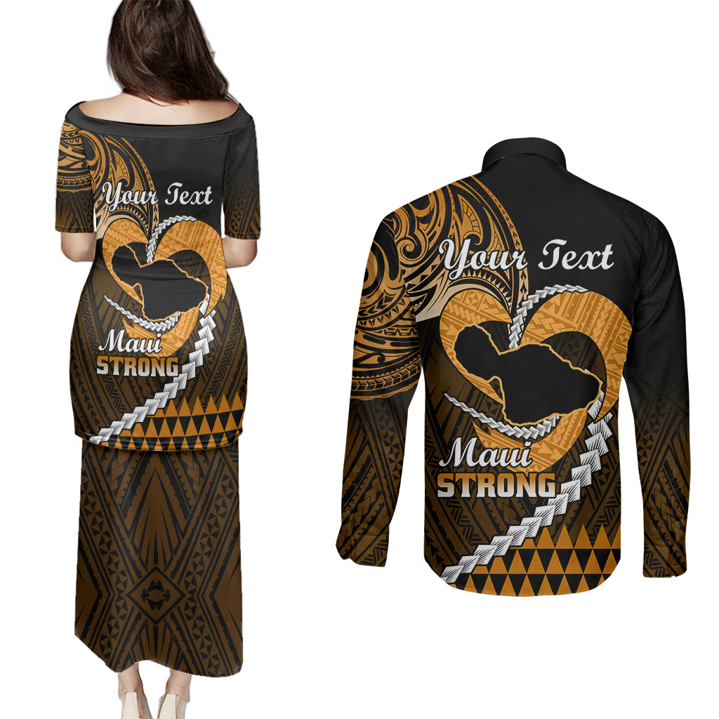 Personalised Hawaii Couples Matching Puletasi Dress and Long Sleeve Button Shirts Maui Be Strong Kakau Gold Version - Wonder Print Shop