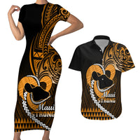 Personalised Hawaii Couples Matching Short Sleeve Bodycon Dress and Hawaiian Shirt Maui Be Strong Kakau Gold Version - Wonder Print Shop