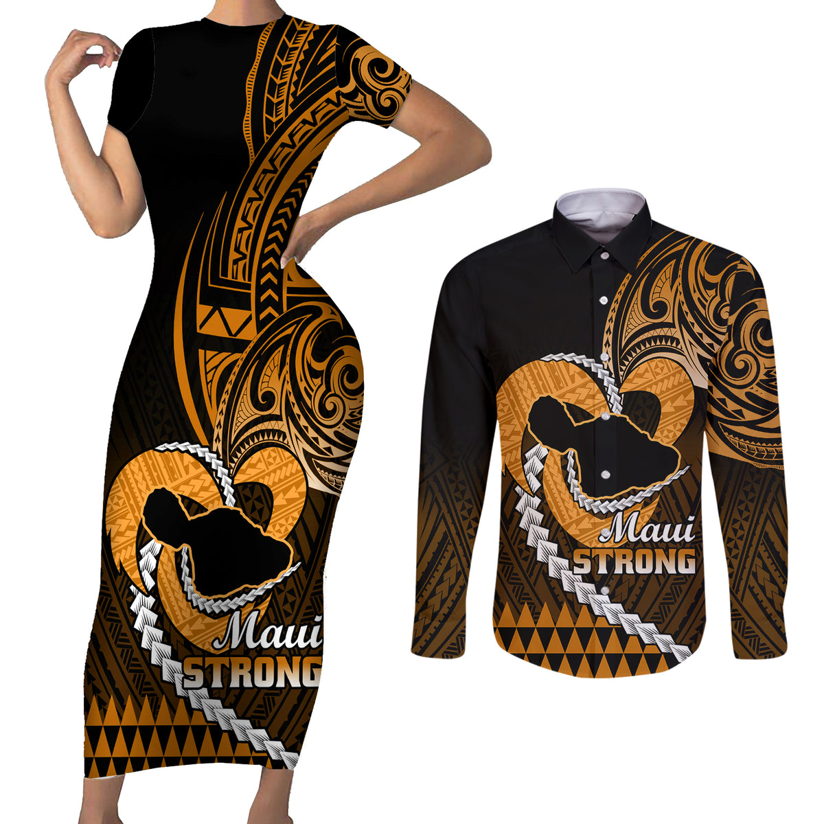 Personalised Hawaii Couples Matching Short Sleeve Bodycon Dress and Long Sleeve Button Shirts Maui Be Strong Kakau Gold Version - Wonder Print Shop