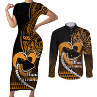 Personalised Hawaii Couples Matching Short Sleeve Bodycon Dress and Long Sleeve Button Shirts Maui Be Strong Kakau Gold Version - Wonder Print Shop
