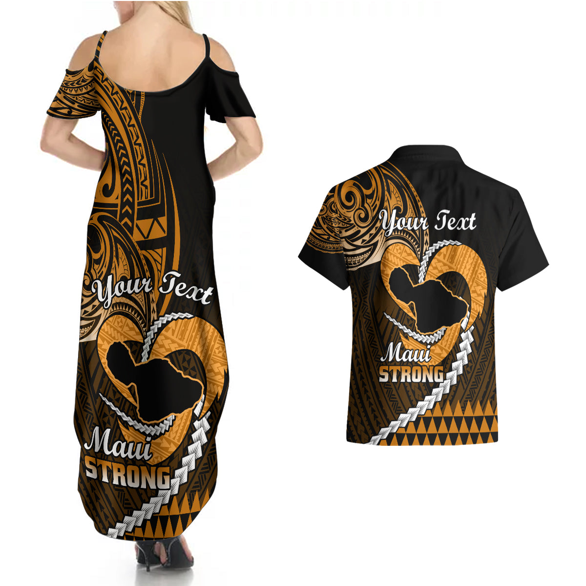 Personalised Hawaii Couples Matching Summer Maxi Dress and Hawaiian Shirt Maui Be Strong Kakau Gold Version - Wonder Print Shop