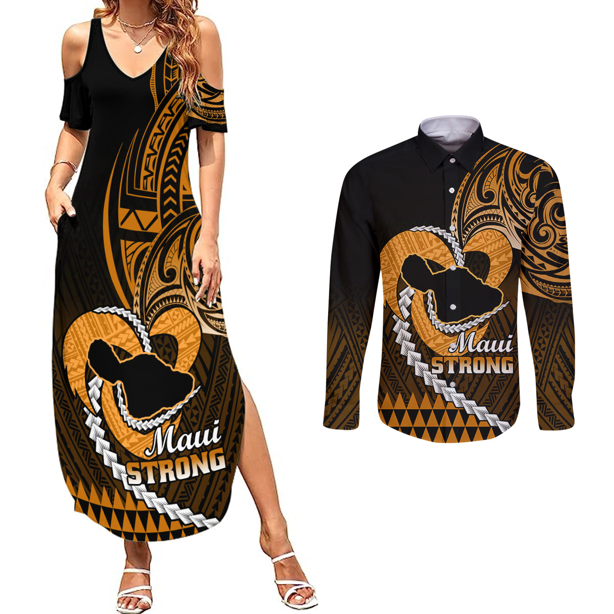 Personalised Hawaii Couples Matching Summer Maxi Dress and Long Sleeve Button Shirts Maui Be Strong Kakau Gold Version - Wonder Print Shop