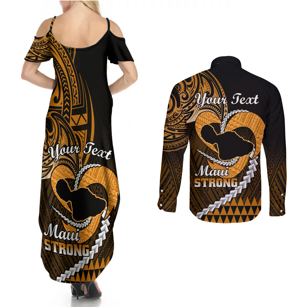 Personalised Hawaii Couples Matching Summer Maxi Dress and Long Sleeve Button Shirts Maui Be Strong Kakau Gold Version - Wonder Print Shop