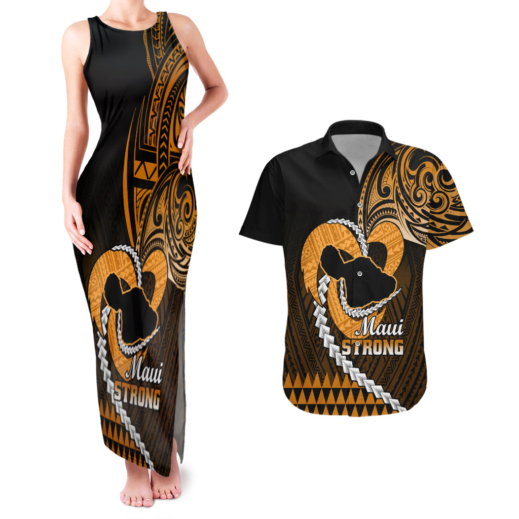 Personalised Hawaii Couples Matching Tank Maxi Dress and Hawaiian Shirt Maui Be Strong Kakau Gold Version - Wonder Print Shop