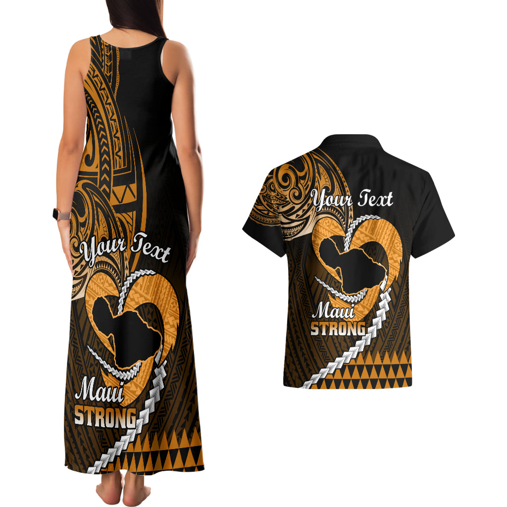 Personalised Hawaii Couples Matching Tank Maxi Dress and Hawaiian Shirt Maui Be Strong Kakau Gold Version - Wonder Print Shop