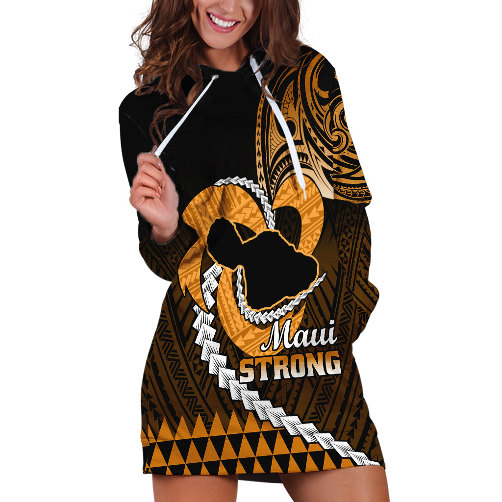 Personalised Hawaii Hoodie Dress Maui Be Strong Kakau Gold Version - Wonder Print Shop