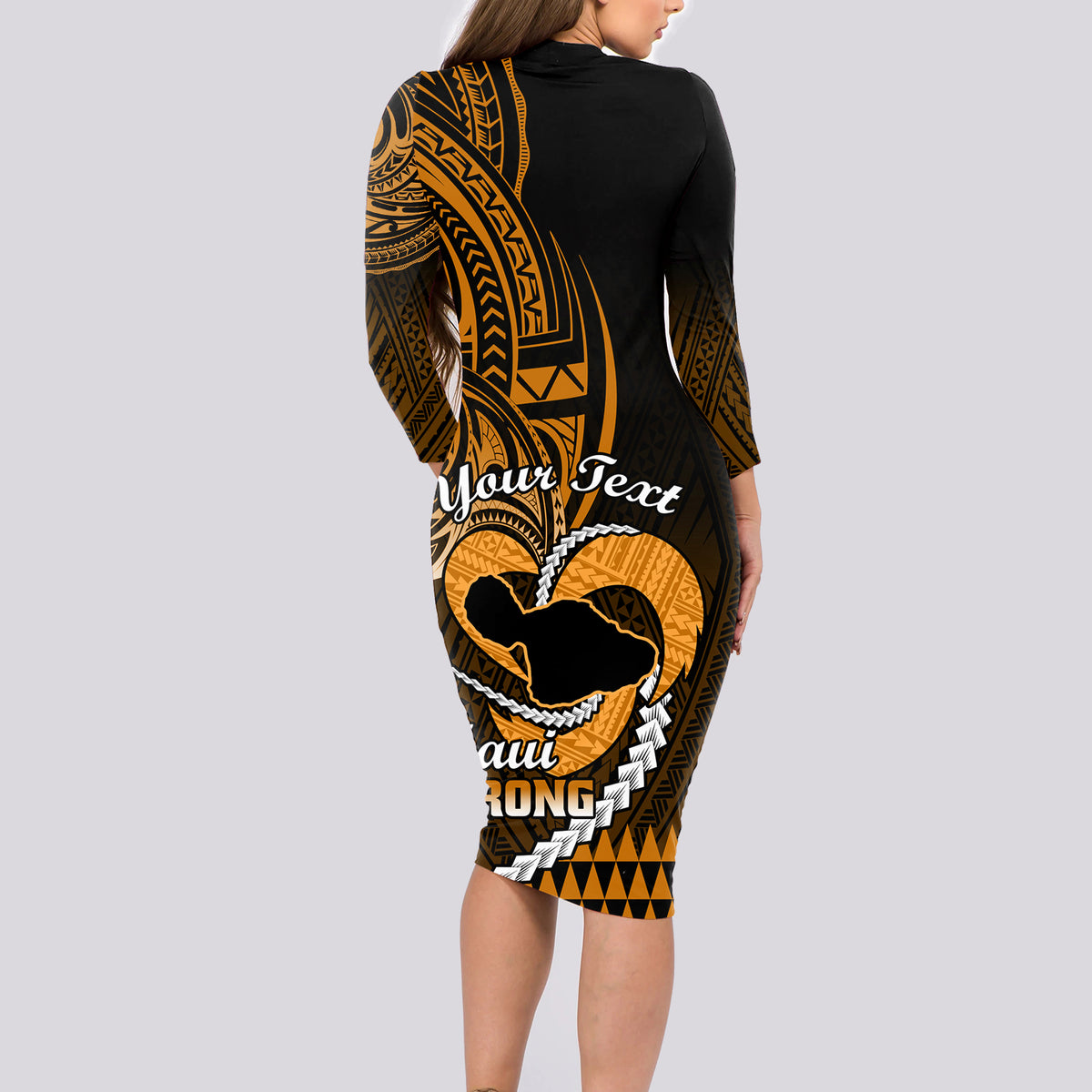 Personalised Hawaii Long Sleeve Bodycon Dress Maui Be Strong Kakau Gold Version - Wonder Print Shop