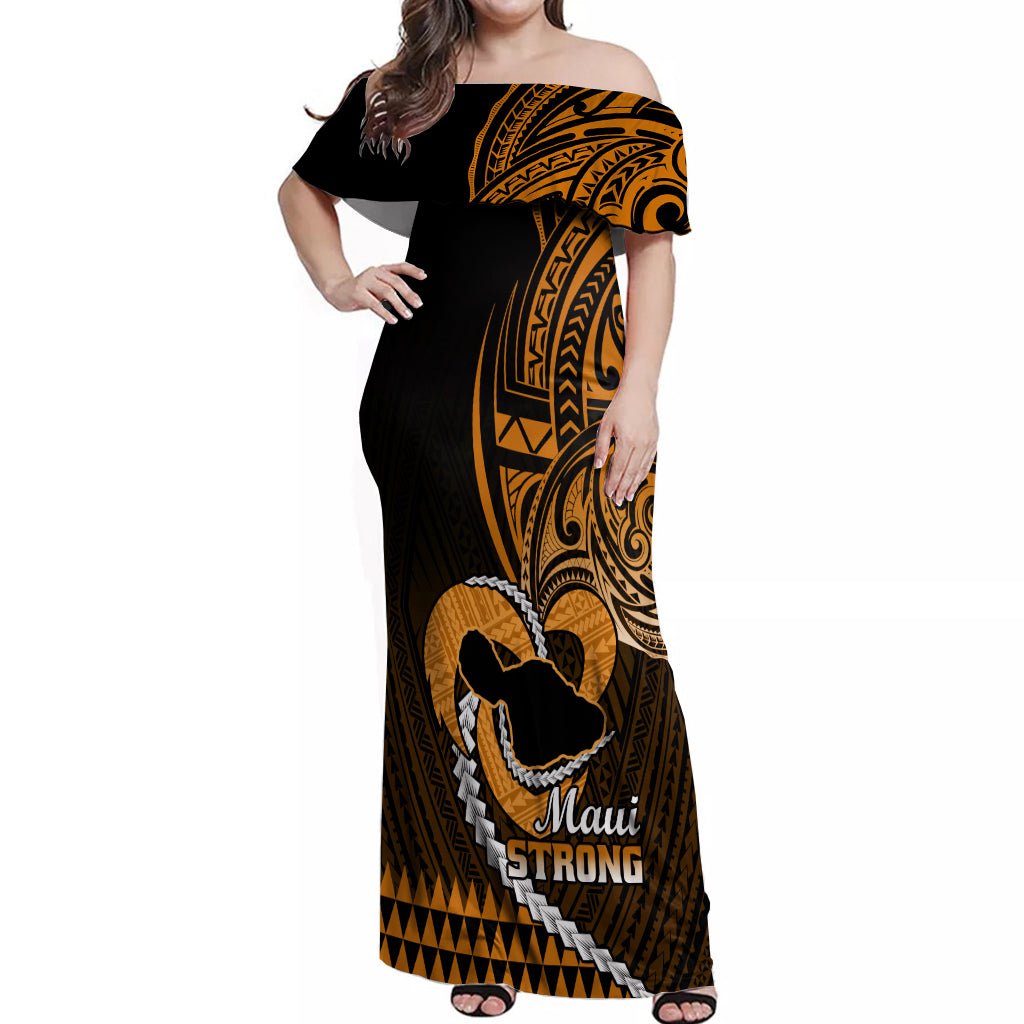 Personalised Hawaii Off Shoulder Maxi Dress Maui Be Strong Kakau Gold Version - Wonder Print Shop