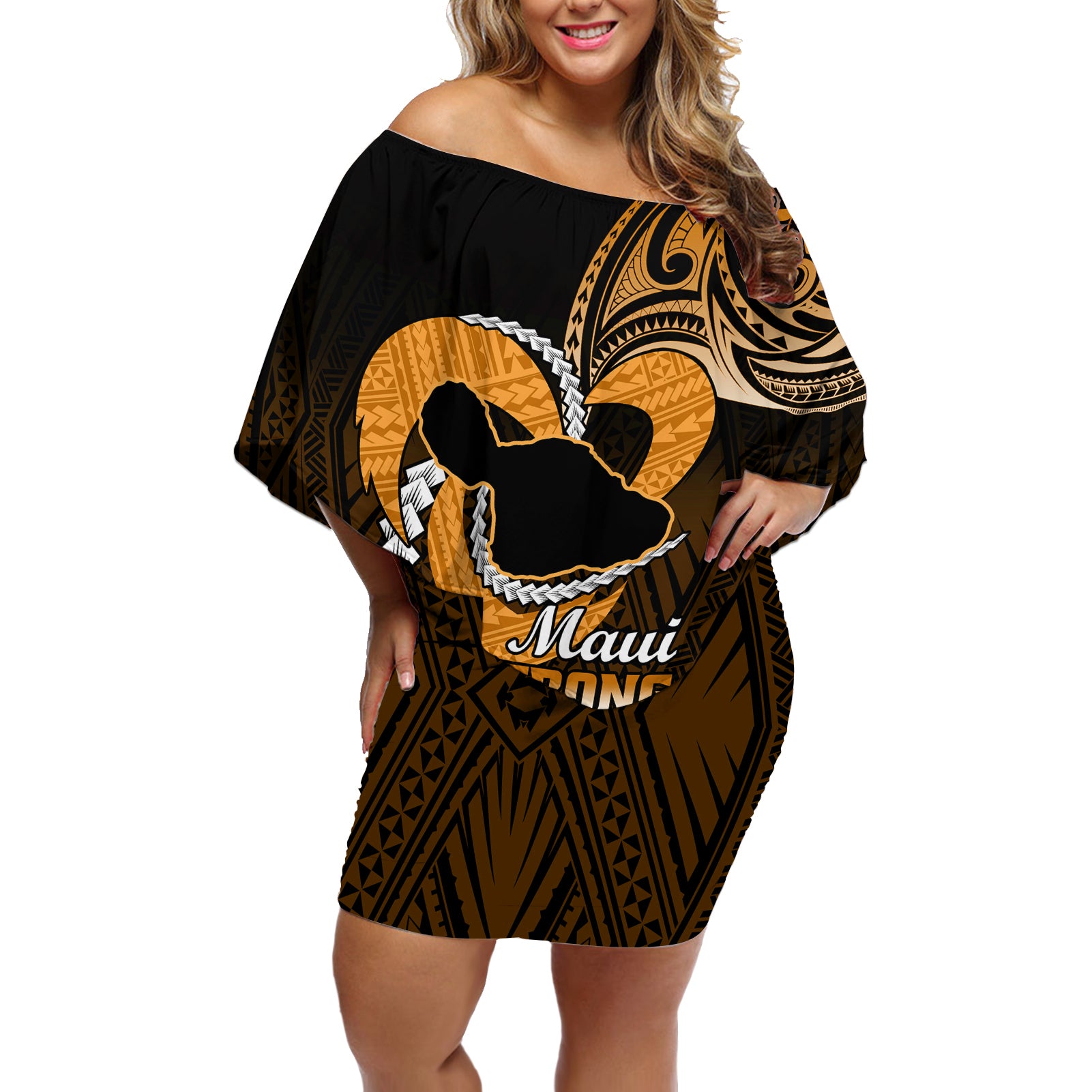 Personalised Hawaii Off Shoulder Short Dress Maui Be Strong Kakau Gold Version - Wonder Print Shop
