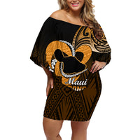 Personalised Hawaii Off Shoulder Short Dress Maui Be Strong Kakau Gold Version - Wonder Print Shop