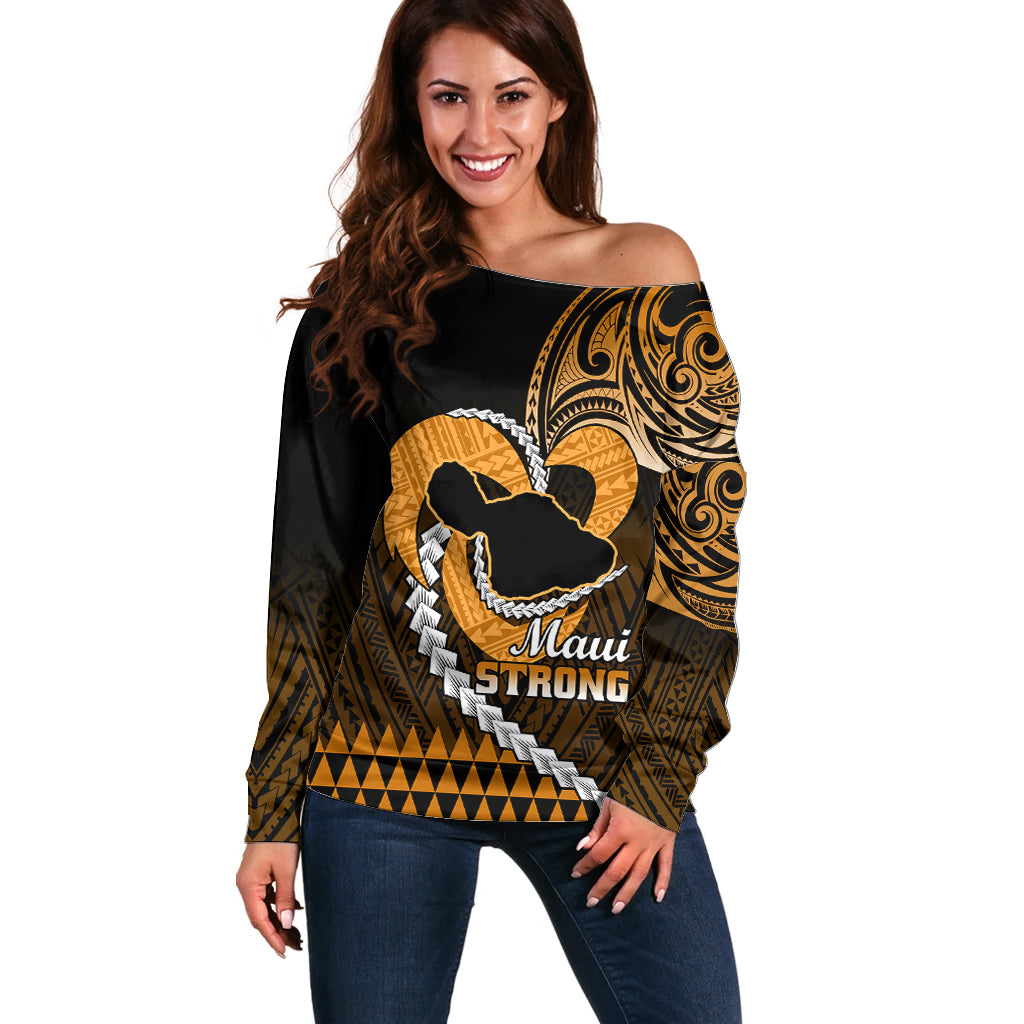 Personalised Hawaii Off Shoulder Sweater Maui Be Strong Kakau Gold Version - Wonder Print Shop