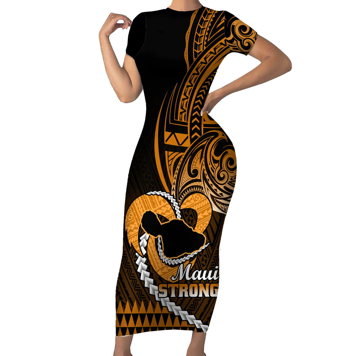 Personalised Hawaii Short Sleeve Bodycon Dress Maui Be Strong Kakau Gold Version - Wonder Print Shop