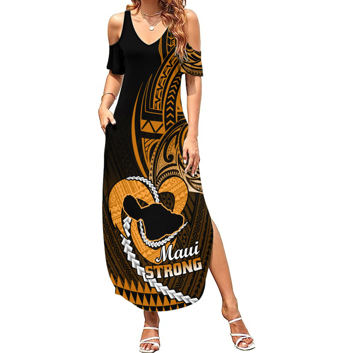Personalised Hawaii Summer Maxi Dress Maui Be Strong Kakau Gold Version - Wonder Print Shop