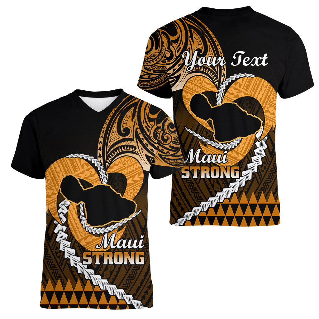 Personalised Hawaii Women V Neck T Shirt Maui Be Strong Kakau Gold Version - Wonder Print Shop