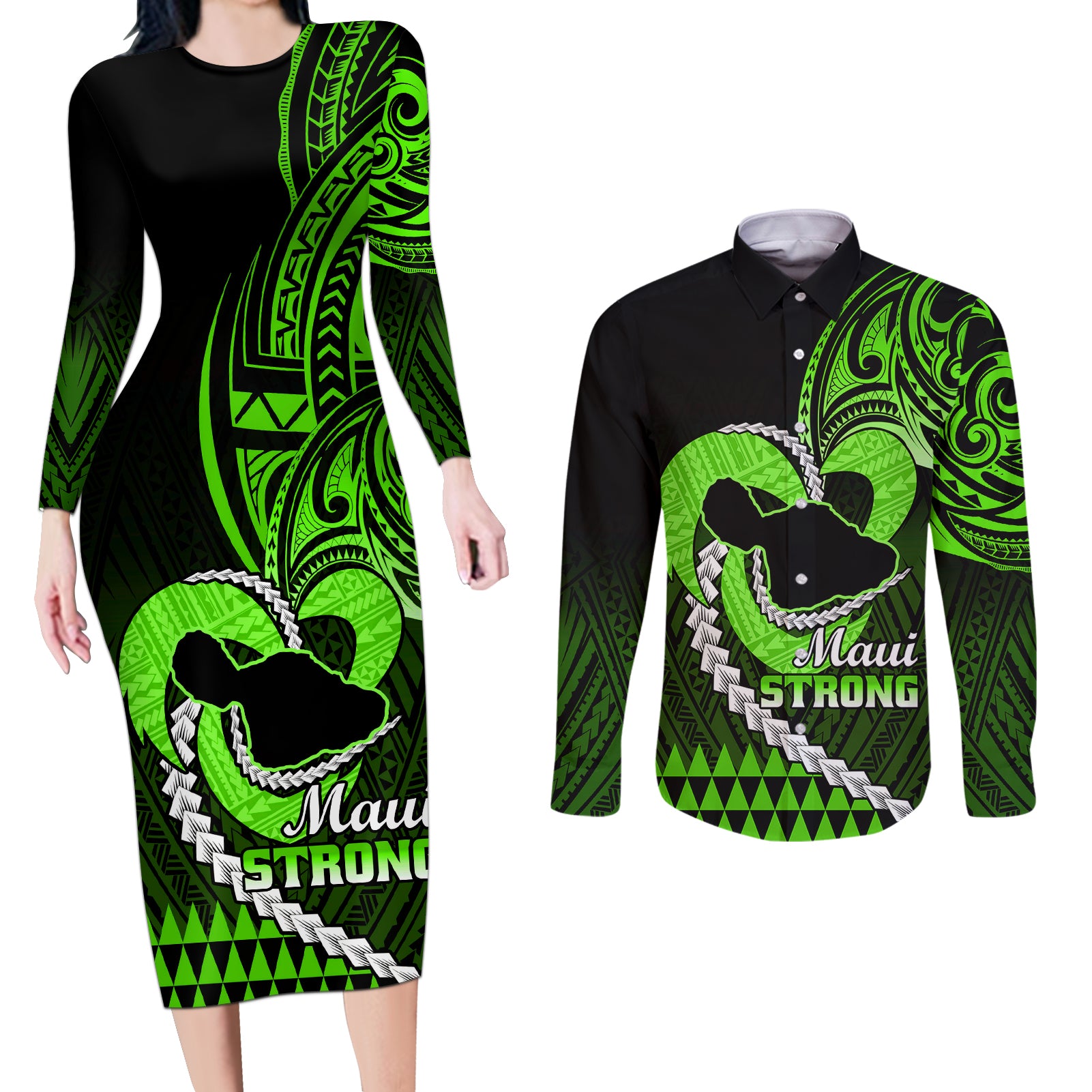 Personalised Hawaii Couples Matching Long Sleeve Bodycon Dress and Long Sleeve Button Shirts Maui Be Strong Kakau Green Version - Wonder Print Shop
