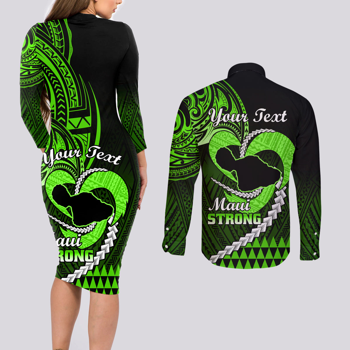 Personalised Hawaii Couples Matching Long Sleeve Bodycon Dress and Long Sleeve Button Shirts Maui Be Strong Kakau Green Version - Wonder Print Shop