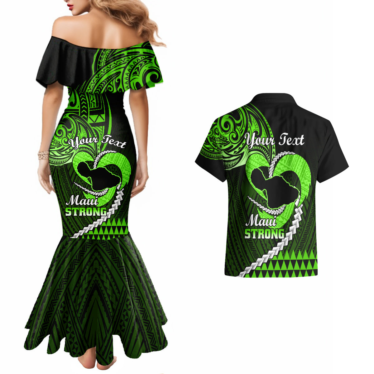 Personalised Hawaii Couples Matching Mermaid Dress and Hawaiian Shirt Maui Be Strong Kakau Green Version - Wonder Print Shop