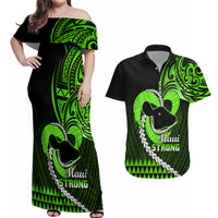 Personalised Hawaii Couples Matching Off Shoulder Maxi Dress and Hawaiian Shirt Maui Be Strong Kakau Green Version - Wonder Print Shop