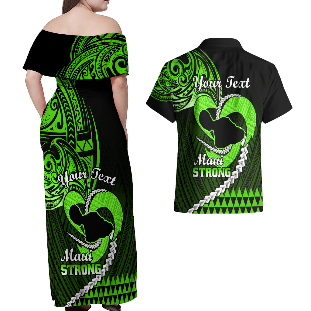 Personalised Hawaii Couples Matching Off Shoulder Maxi Dress and Hawaiian Shirt Maui Be Strong Kakau Green Version - Wonder Print Shop