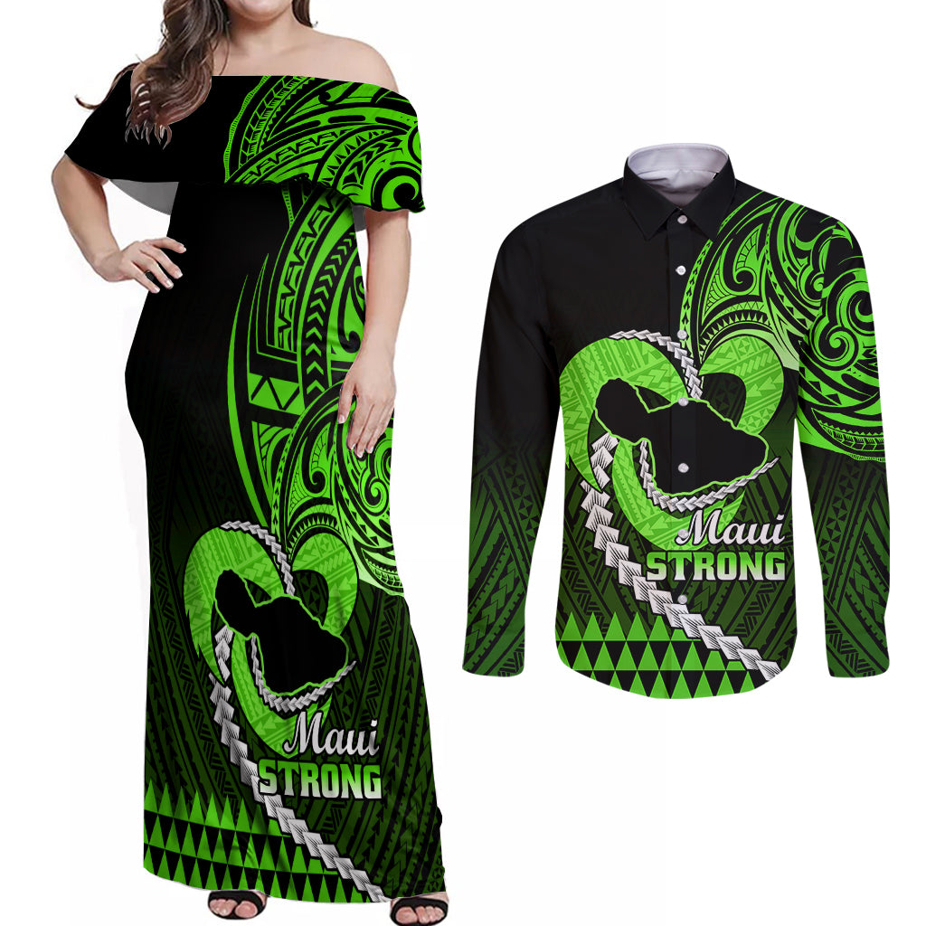 Personalised Hawaii Couples Matching Off Shoulder Maxi Dress and Long Sleeve Button Shirts Maui Be Strong Kakau Green Version - Wonder Print Shop