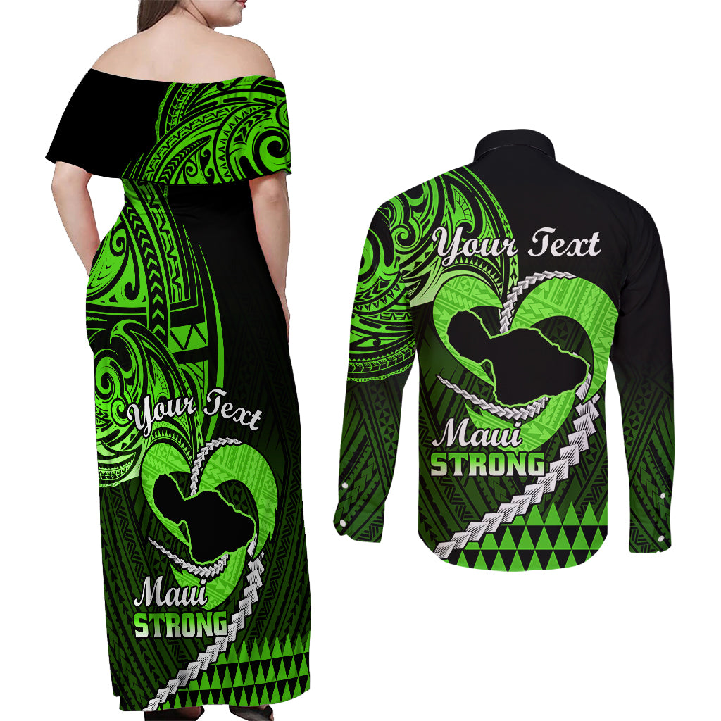 Personalised Hawaii Couples Matching Off Shoulder Maxi Dress and Long Sleeve Button Shirts Maui Be Strong Kakau Green Version - Wonder Print Shop