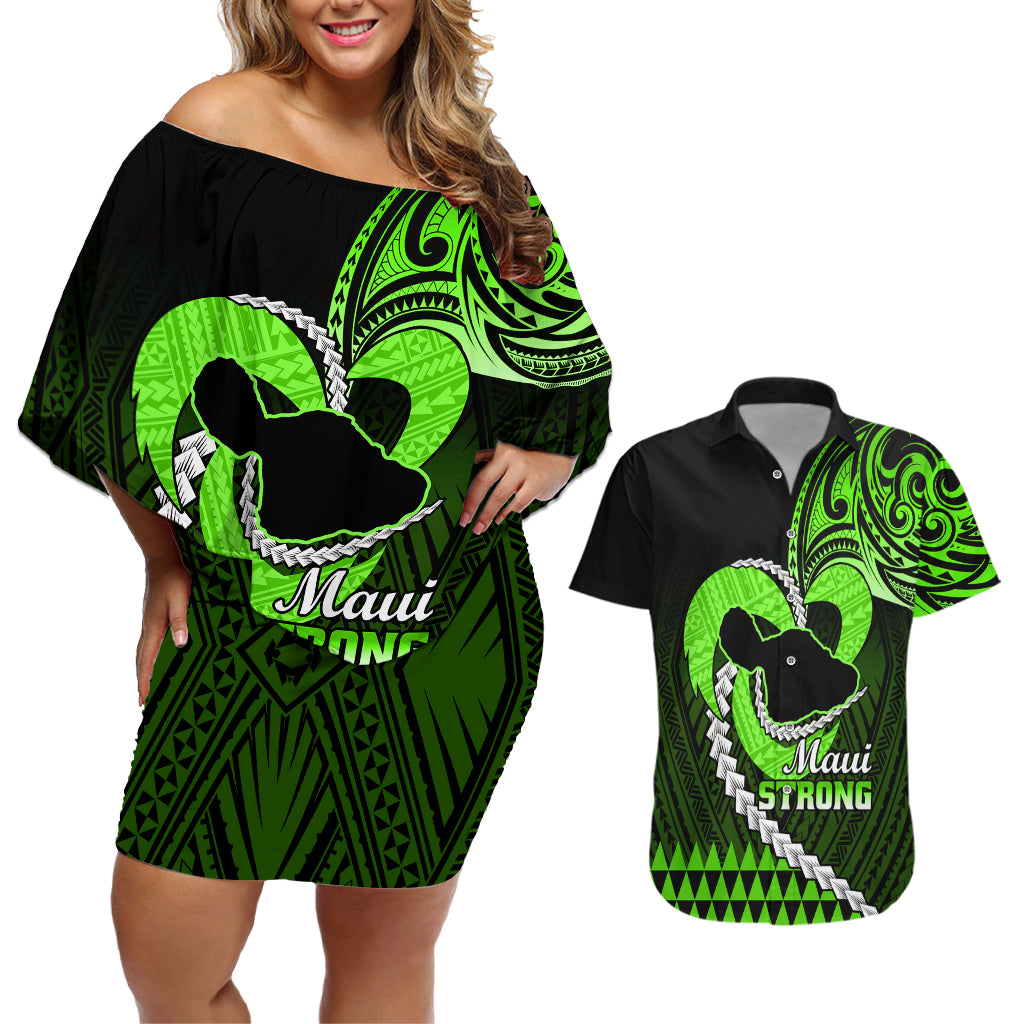 Personalised Hawaii Couples Matching Off Shoulder Short Dress and Hawaiian Shirt Maui Be Strong Kakau Green Version - Wonder Print Shop