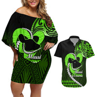 Personalised Hawaii Couples Matching Off Shoulder Short Dress and Hawaiian Shirt Maui Be Strong Kakau Green Version - Wonder Print Shop