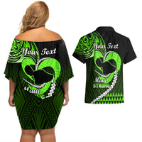 Personalised Hawaii Couples Matching Off Shoulder Short Dress and Hawaiian Shirt Maui Be Strong Kakau Green Version - Wonder Print Shop