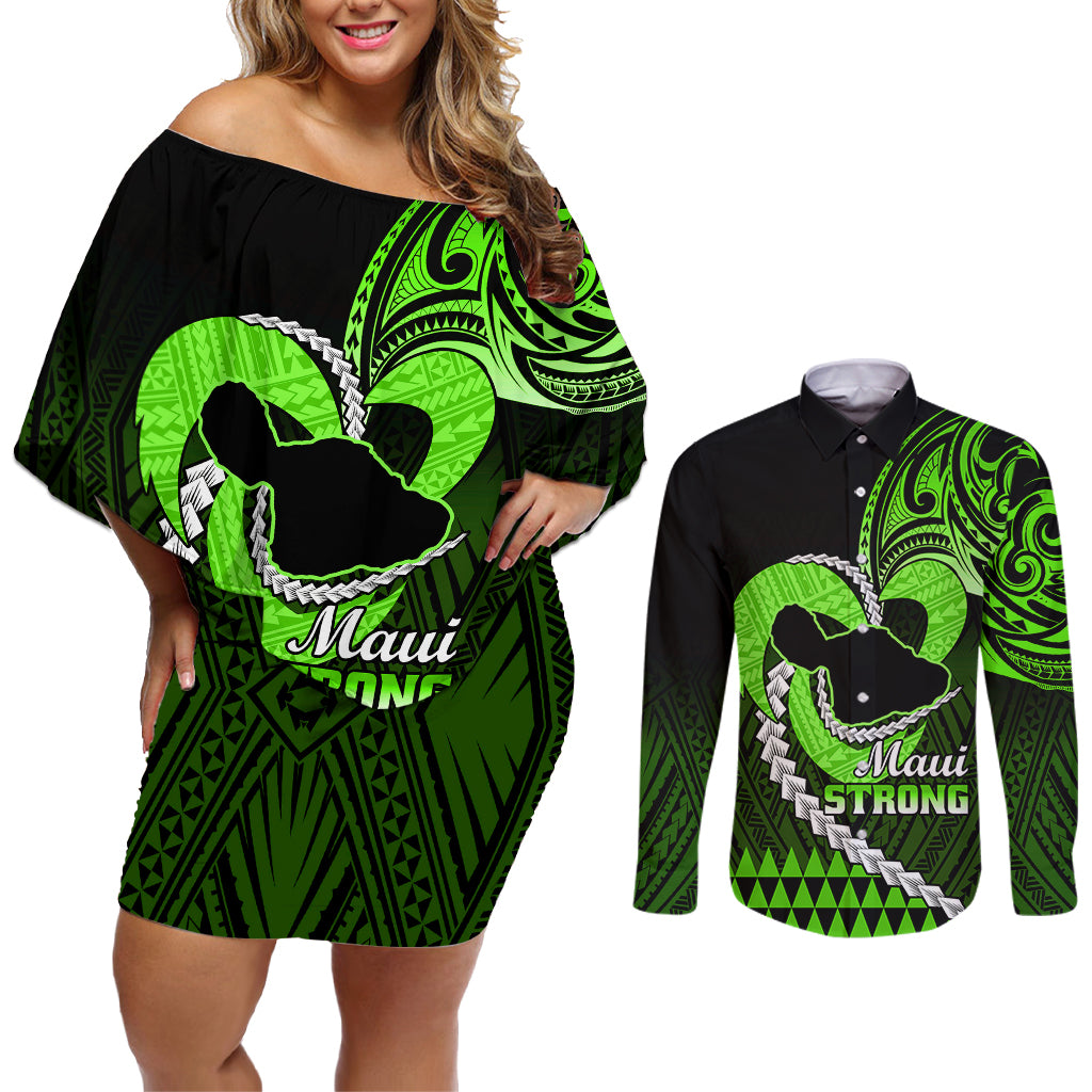 Personalised Hawaii Couples Matching Off Shoulder Short Dress and Long Sleeve Button Shirts Maui Be Strong Kakau Green Version - Wonder Print Shop