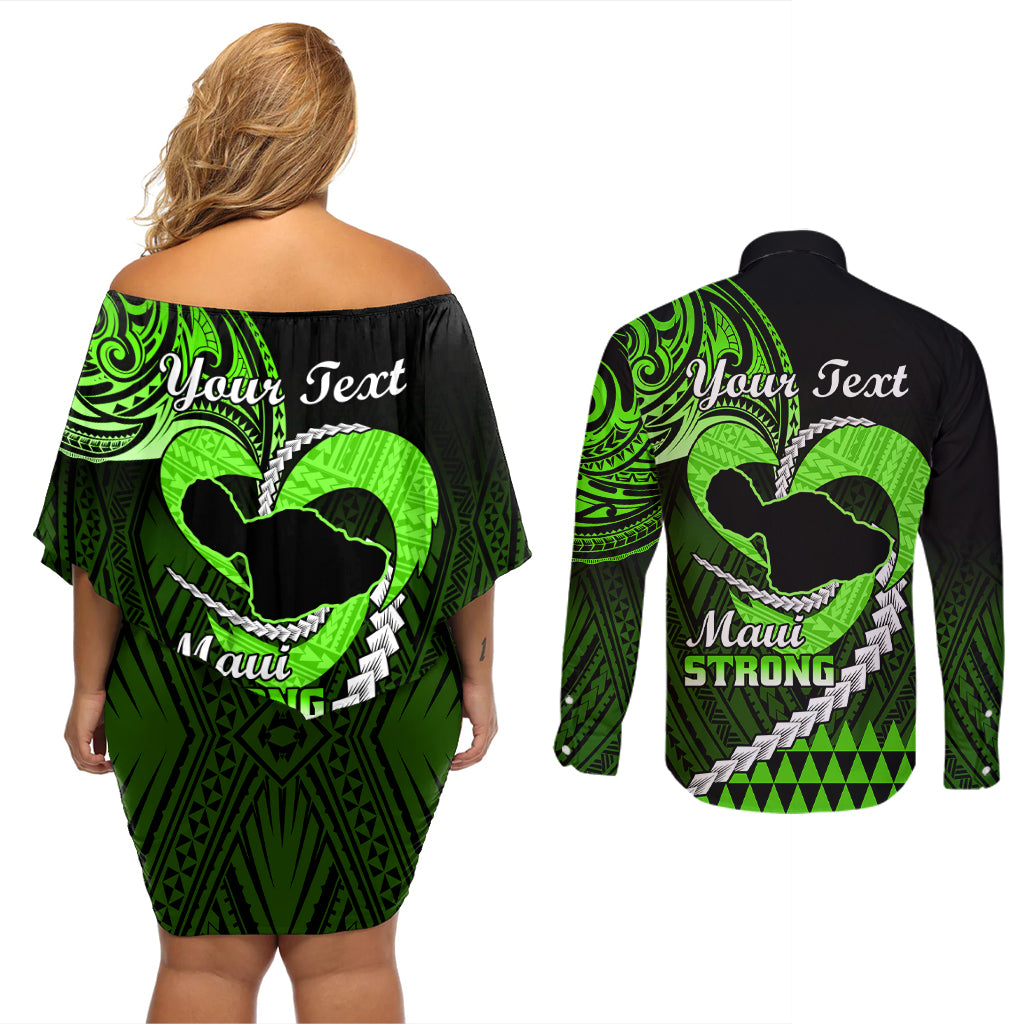 Personalised Hawaii Couples Matching Off Shoulder Short Dress and Long Sleeve Button Shirts Maui Be Strong Kakau Green Version - Wonder Print Shop