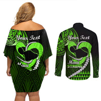 Personalised Hawaii Couples Matching Off Shoulder Short Dress and Long Sleeve Button Shirts Maui Be Strong Kakau Green Version - Wonder Print Shop