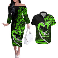 Personalised Hawaii Couples Matching Off The Shoulder Long Sleeve Dress and Hawaiian Shirt Maui Be Strong Kakau Green Version - Wonder Print Shop