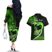 Personalised Hawaii Couples Matching Off The Shoulder Long Sleeve Dress and Hawaiian Shirt Maui Be Strong Kakau Green Version - Wonder Print Shop