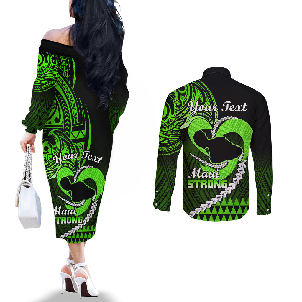 personalised-hawaii-couples-matching-off-the-shoulder-long-sleeve-dress-and-long-sleeve-button-shirts-maui-be-strong-kakau-green-version