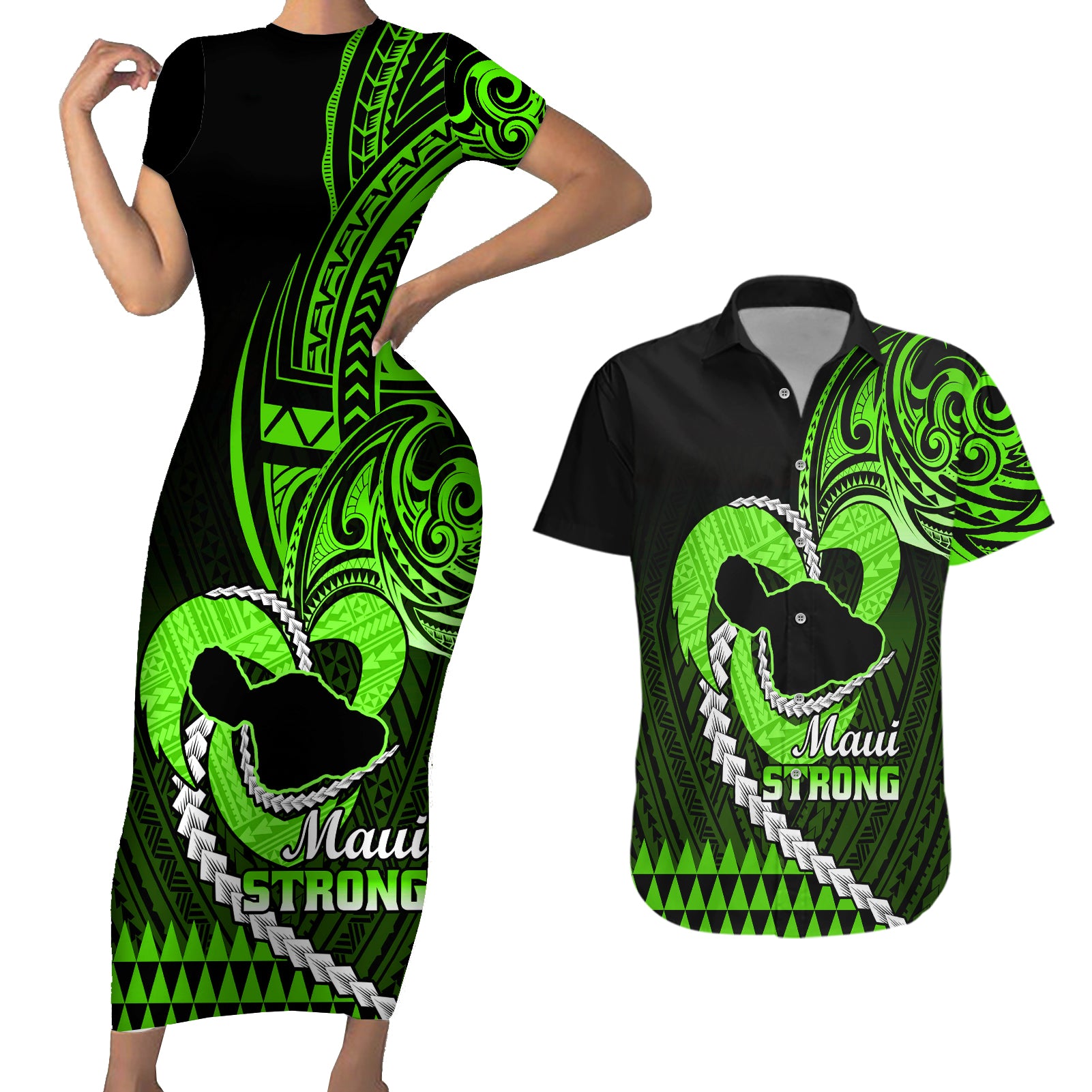Personalised Hawaii Couples Matching Short Sleeve Bodycon Dress and Hawaiian Shirt Maui Be Strong Kakau Green Version - Wonder Print Shop
