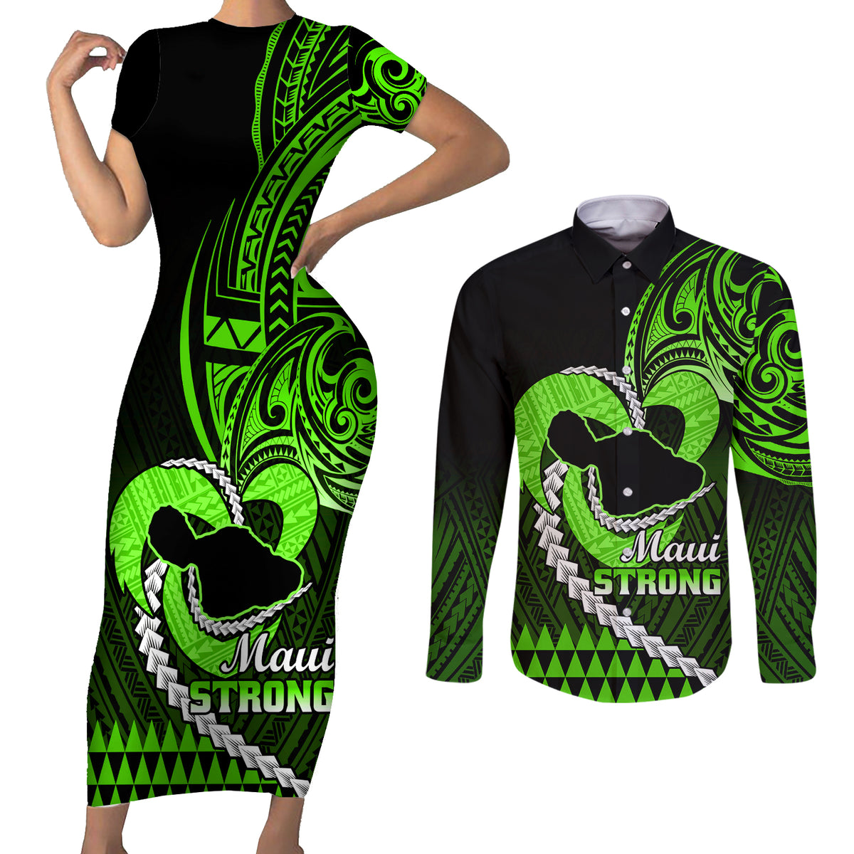 Personalised Hawaii Couples Matching Short Sleeve Bodycon Dress and Long Sleeve Button Shirts Maui Be Strong Kakau Green Version - Wonder Print Shop