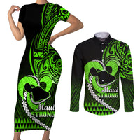 Personalised Hawaii Couples Matching Short Sleeve Bodycon Dress and Long Sleeve Button Shirts Maui Be Strong Kakau Green Version - Wonder Print Shop