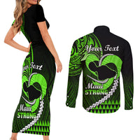 Personalised Hawaii Couples Matching Short Sleeve Bodycon Dress and Long Sleeve Button Shirts Maui Be Strong Kakau Green Version - Wonder Print Shop