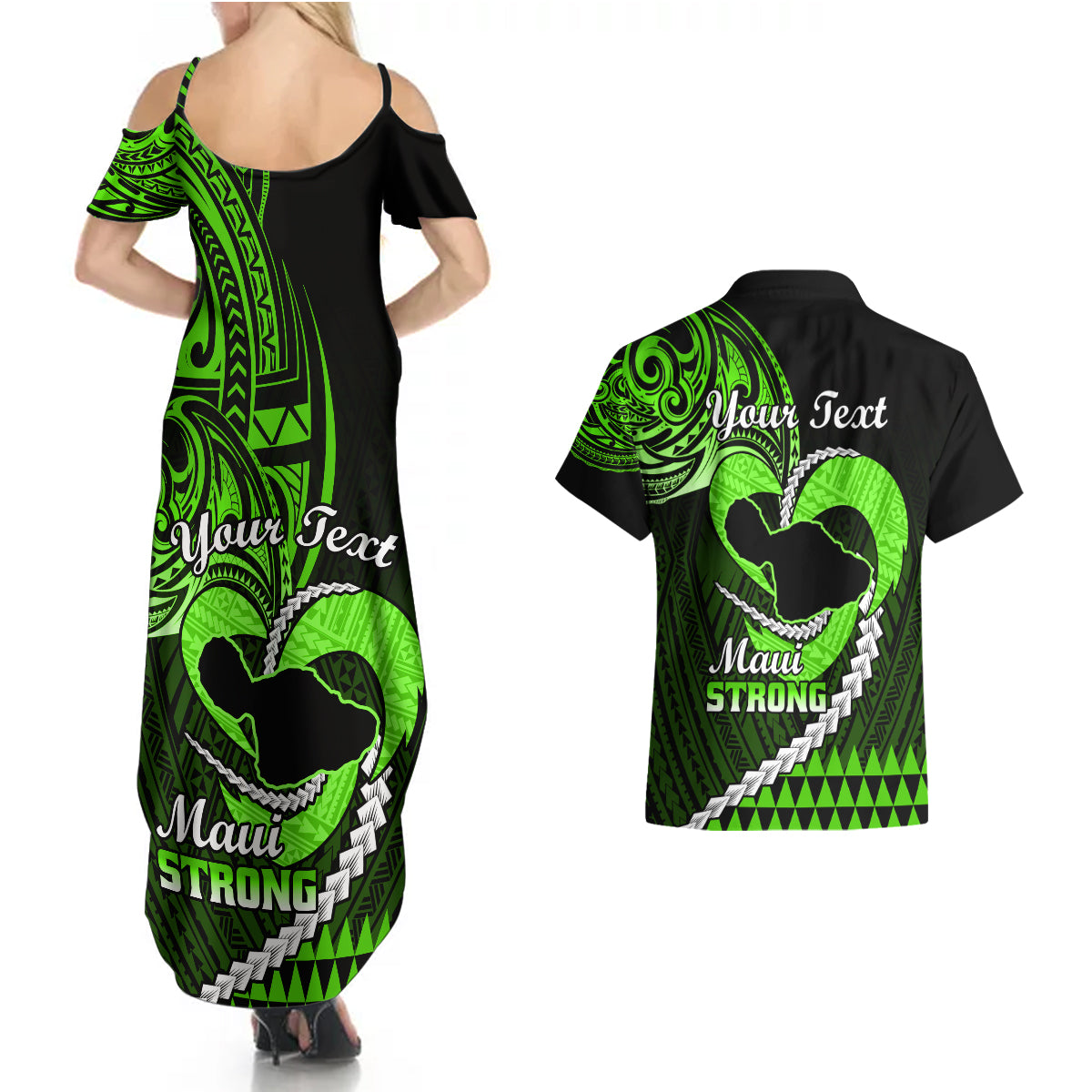 Personalised Hawaii Couples Matching Summer Maxi Dress and Hawaiian Shirt Maui Be Strong Kakau Green Version - Wonder Print Shop