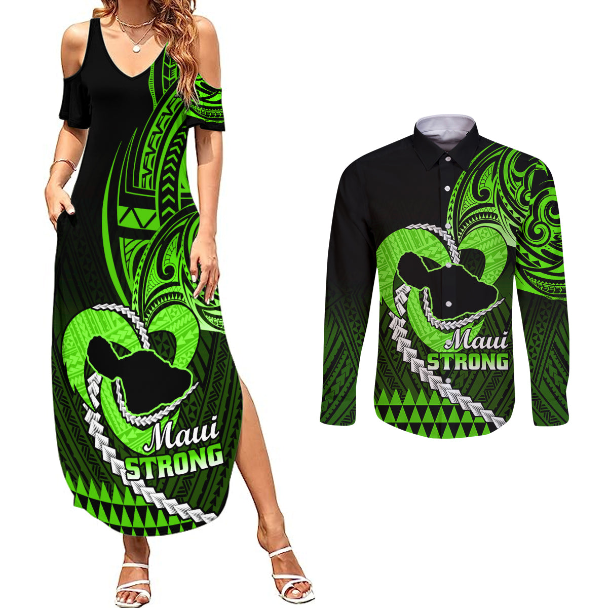 Personalised Hawaii Couples Matching Summer Maxi Dress and Long Sleeve Button Shirts Maui Be Strong Kakau Green Version - Wonder Print Shop