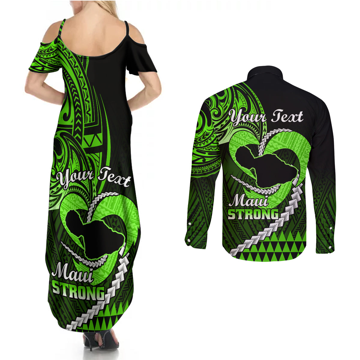 Personalised Hawaii Couples Matching Summer Maxi Dress and Long Sleeve Button Shirts Maui Be Strong Kakau Green Version - Wonder Print Shop